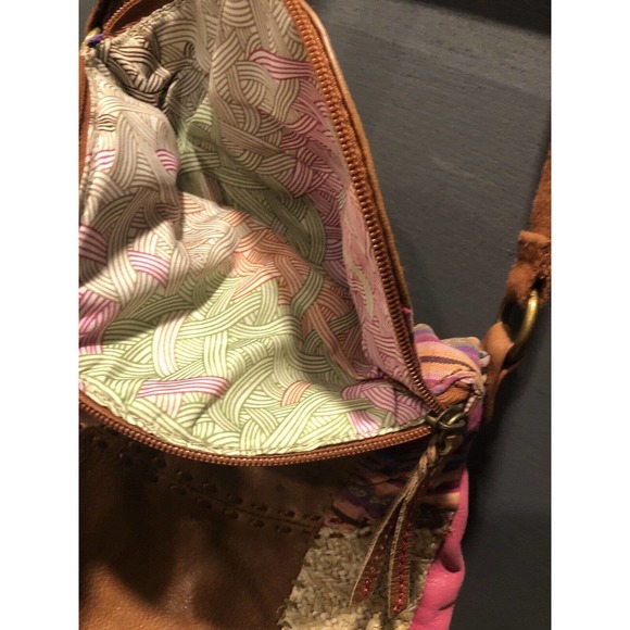 The Sak Deena Brown Leather Boho Patchwork Crossbody Flap Handbag Purse 9x10x3 - Picture 3 of 6